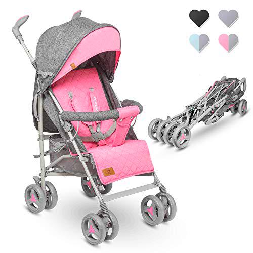 Lionelo Irma Silla de paseo plegable 51 x 80 x 101 cm Diseño ultraligero 7 kg Respaldo ajustable Para niños de hasta 15 kg 6-36M Cinturones de seguridad de 5 puntos Cesta de la compra Gris y rosa