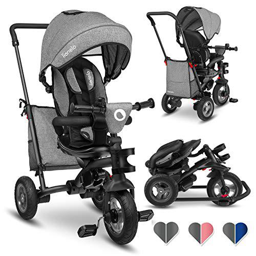 Lionelo Tris Bicicleta 2 en 1 110 x 108 x 50 cm Niño hasta 25 kg 12-50M Triciclo y carrito- bicicleta Cinturones de 3 puntos con fundas Regulación gradual del respaldo de 3 niveles Gris oscuro