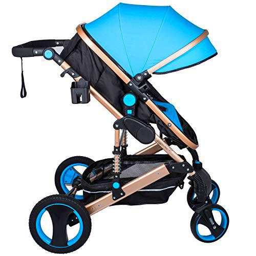 Husuper 2 en 1 Cochecito de de Alta Calidad Plegable Portátil Ligero Amortiguador Ajustable para Bebés Recién Nacidos Carrito con Capazo Cuna para Bebé Azul