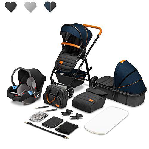 Lionelo Amber Coche de bebé multifuncional 3 en 1 Conjunto silla de paseo con el Asiento de Cubo e Capazo Manillar regulable Bolsa Mosquitero Protector de lluvia Asiento de coche (Azul)