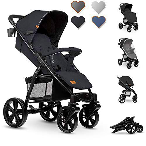 Lionelo Annet Silla de Paseo 58 x 86,5 x 110 cm Para niños hasta 22 kg 0-48M Ajuste del respaldo hasta posición horizontal Capucha XXL Plegable fácil con ventana Mosquitera (Carbon black)