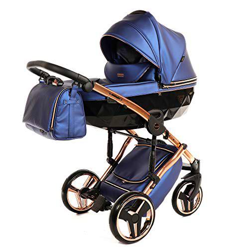 Sistema de viaje 3 en 1, silla de paseo, carrito con capazo y silla de coche y accesorios Junama Diamond Fluo (01 Kupfer-Fluo Blau, 3IN1)