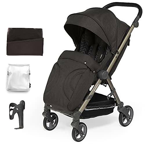 skiddoü silla de paseo ligera Mell ruedas grandes silla de viaje plegable silla infantil ruedas amortiguadoras respaldo ajustable impermeable mosquitera cubierta para la lluvia hasta 22 kg, negro