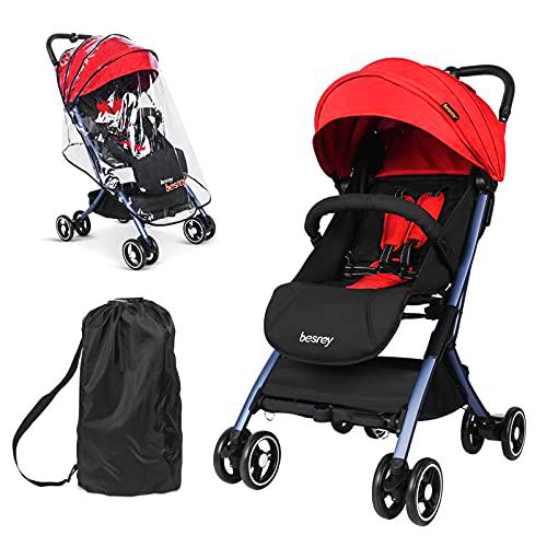 besrey Carrito Plegable Bebe,Respaldo reclinable,Silla de Paseo Bebe ligera，Para niños de recién nacidos hasta 25 kg,Incluye protector para la lluvia,Bolso de viaje,Rojo