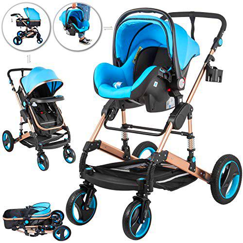 VEVR 3 en 1 Cochecito de Bebé Carrito Bebé Silla de Paseo 85x37x64cm con Carro Multiuso Silla de Paseo Ligera Silla de Viaje Carro Bebe Carritos para Muñecas Plegado Azul