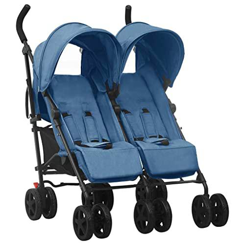 vidaXL Carrito para Gemelos Cochecito Sillita Gemelar Silla de Paseo Canasta Niños Reposapiés Ajustable Dosel Plegable de Acero Azul Marino