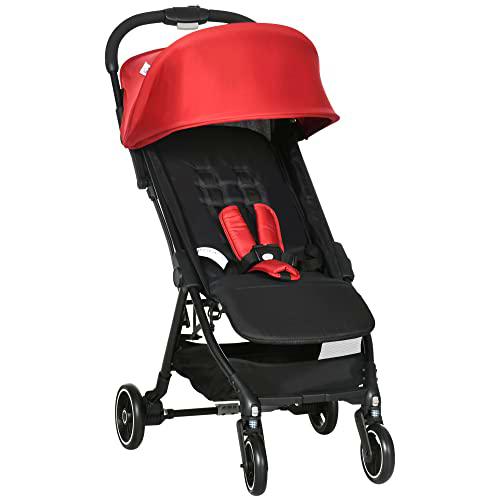 HOMCOM Silla de Paseo Ligera Plegable Cochecito para Bebé de 0-36 Meses Carga 15 kg con Respaldo Reclinable Reposapiés Ajustable Cesta y Marco de Aluminio 82x51x102 cm Rojo