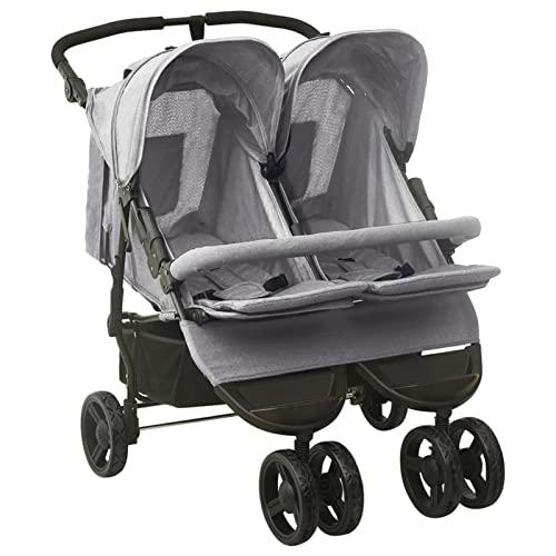 Gecheer Carrito para Gemelos Silla de Paseo Gemelar Cochecito Doble para Gemelos Reclinable y Plegable de Acero Gris Claro