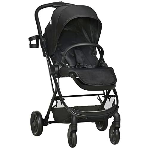 HOMCOM Silla de Paseo Ligera con Asiento Reversible Cochecito para Bebé de 0-36 Meses Plegable con Respaldo Reclinable Cesta y Portavasos Marco de Aluminio Carga 15 kg 83x59x104 cm Negro