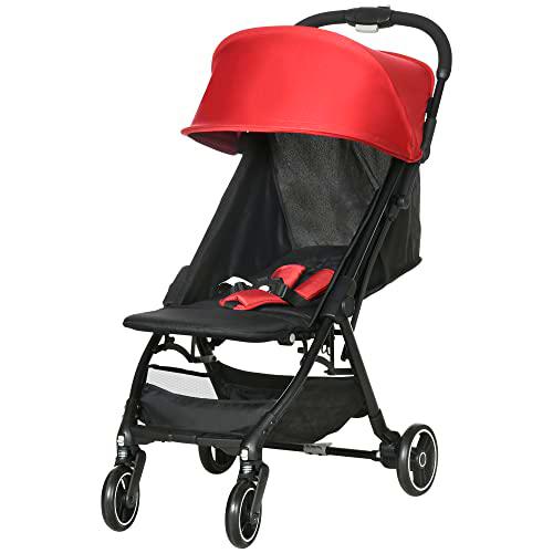 HOMCOM Silla de Paseo Ligera de Aluminio Cochecito para Bebé de 0-36 Meses Plegable Carga 15 kg con Respaldo Reclinable Reposapiés Ajustable y Cesta 82x51x102 cm Rojo