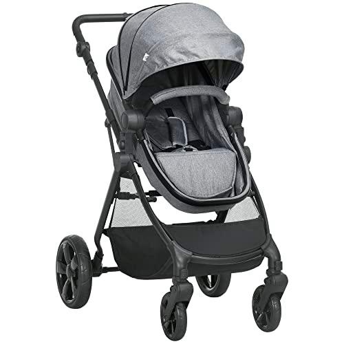 HOMCOM 2 en 1 Silla de Paseo Ligera Cochecito para Bebé de 0-36 Meses Plegable con Asiento Reversible Respaldo Reclinable Toldo Ajustable y Cesta Marco de Aluminio Carga 15 kg 96x61x106 cm Gris