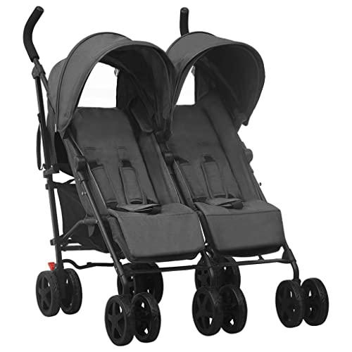 vidaXL Carrito para Gemelos Cochecito Sillita Gemelar Silla de Paseo Canasta Niños Reposapiés Ajustable Dosel Plegable de Acero Gris Antracita