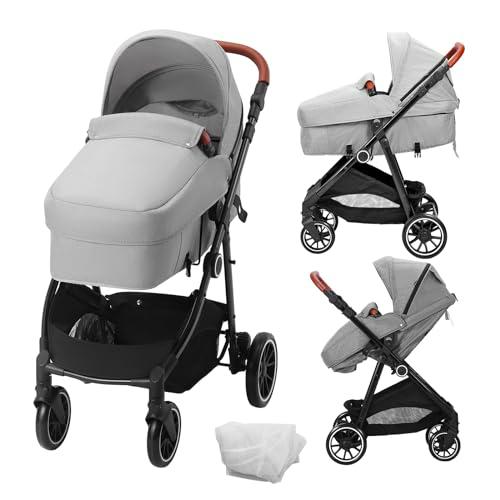 VEVOR Cochecito de Bebé Estándar Cochecito para Niños con Moisés Respaldo Ajustable Asiento Plegable Reversible para Recién Nacidos de Acero al Carbono con Cubierta para Piernas Red de Malla, Gris