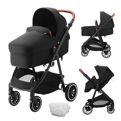 VEVOR Cochecito de Bebé Estándar Cochecito para Niños con Moisés Respaldo Ajustable Asiento Plegable Reversible para Recién Nacidos de Acero al Carbono con Cubierta para Piernas y Red de Malla, Negro