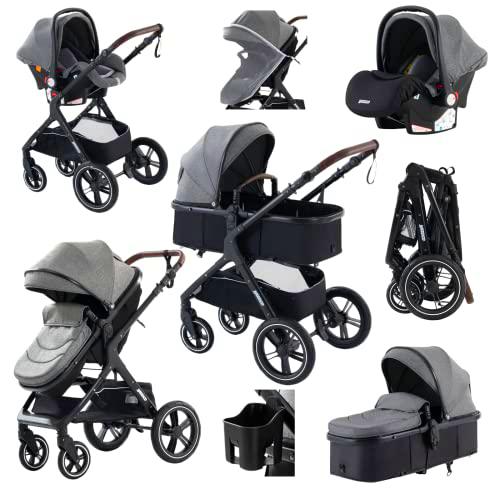 YAZOCO Carrito Bebe 3 en 1, Colapso Silla de Paseo Multifuncional Vista Alta Accesorios Cómodos Para Asientos (Gris)